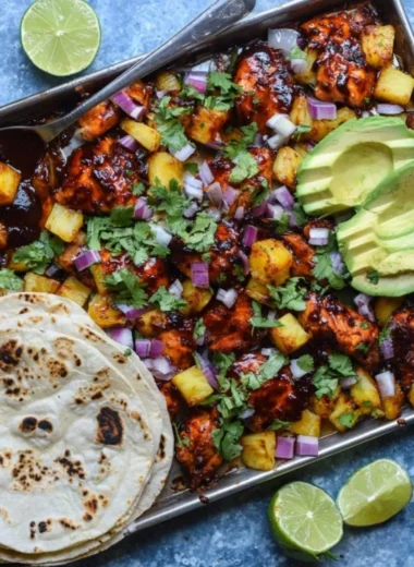 One Pan Chicken & Pineapple Tacos with fresh ingredients and vibrant colors