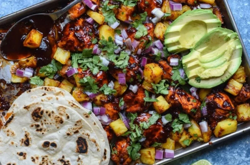 One Pan Chicken & Pineapple Tacos with fresh ingredients and vibrant colors