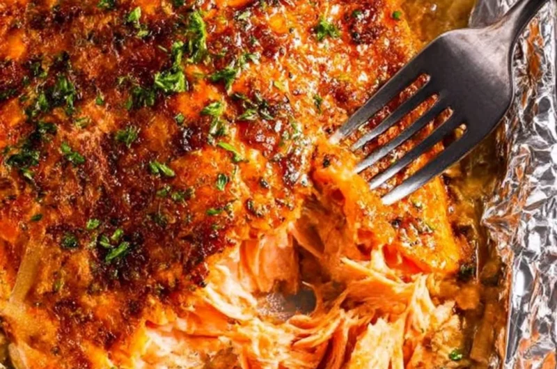 Delicious oven baked salmon garnished with herbs and lemon