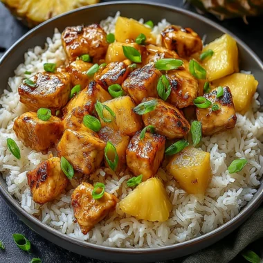 Plate of Pineapple Chicken served with rice and garnished with green onions