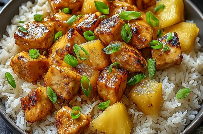Plate of Pineapple Chicken served with rice and garnished with green onions