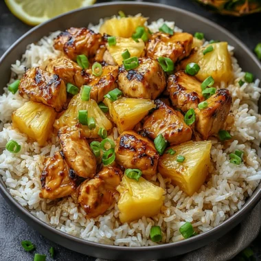 Pineapple Chicken and Rice dish served in a white bowl with fresh pineapples and herbs.