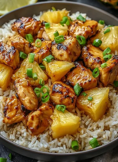 Pineapple Chicken and Rice dish served in a white bowl with fresh pineapples and herbs.