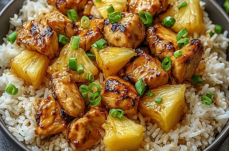 Pineapple Chicken and Rice dish served in a white bowl with fresh pineapples and herbs.