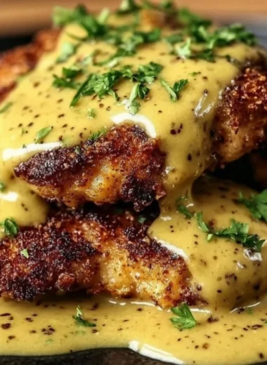 Pretzel Chicken served with a creamy Mustard-Cheddar Sauce