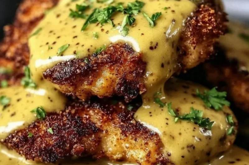 Pretzel Chicken served with a creamy Mustard-Cheddar Sauce