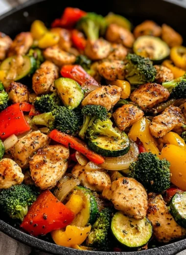 Quick and healthy chicken skillet meal cooking in a frying pan