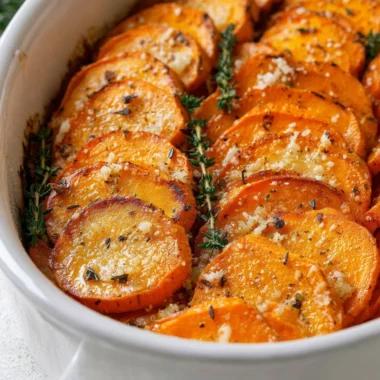 Plate of roasted sweet potatoes topped with Parmesan cheese and herbs