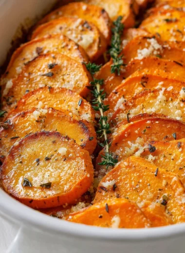 Plate of roasted sweet potatoes topped with Parmesan cheese and herbs