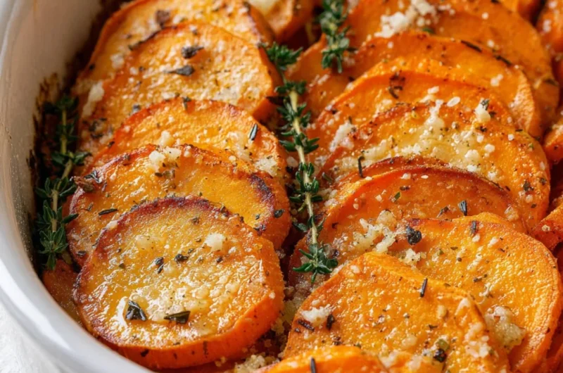 Plate of roasted sweet potatoes topped with Parmesan cheese and herbs