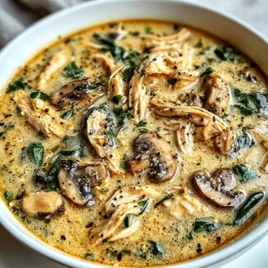 Bowl of rotisserie chicken mushroom soup with herbs and spices
