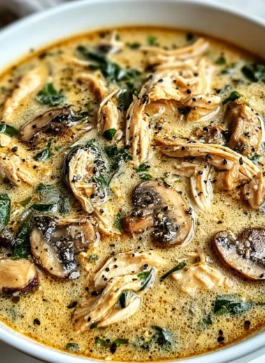 Bowl of rotisserie chicken mushroom soup with herbs and spices