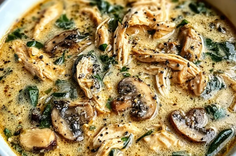 Bowl of rotisserie chicken mushroom soup with herbs and spices