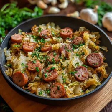 Sausage and Cabbage Stir Fry served on a plate with fresh ingredients
