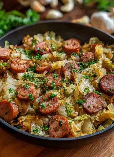 Sausage and Cabbage Stir Fry served on a plate with fresh ingredients