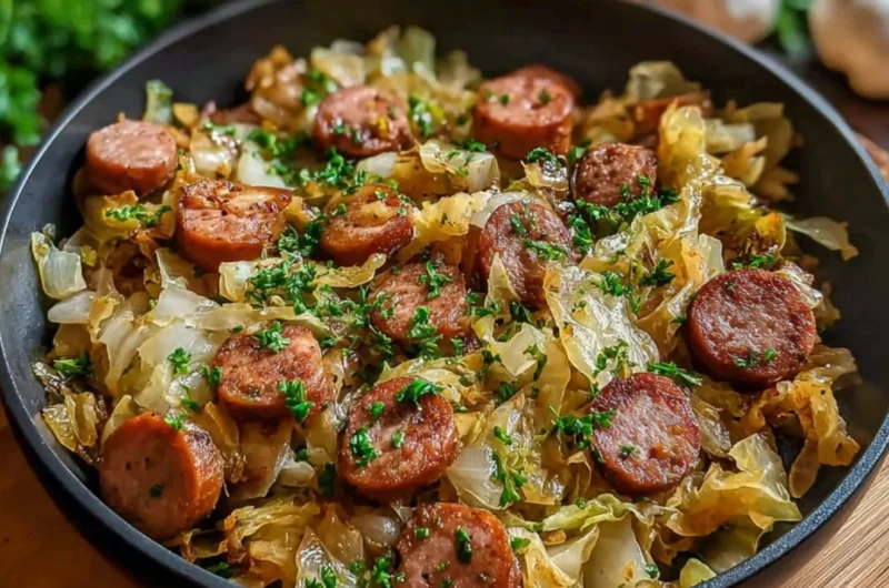 Sausage and Cabbage Stir Fry served on a plate with fresh ingredients