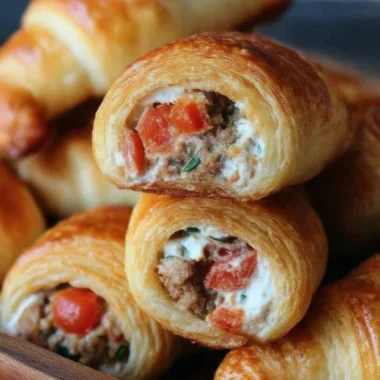 Sausage, Rotel, and cream cheese filling in golden crescent rolls