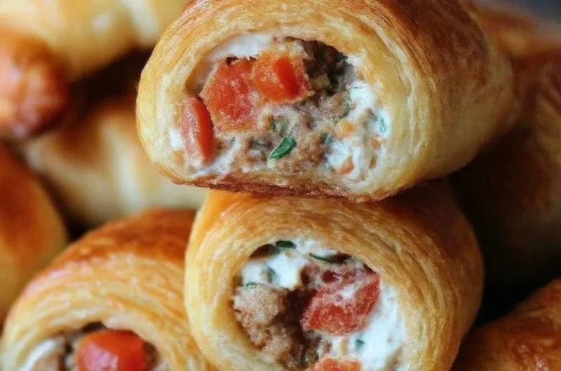 Sausage, Rotel, and cream cheese filling in golden crescent rolls
