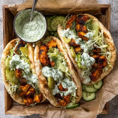 Delicious Sheet Pan Chicken Pitas topped with Herby Ranch dressing