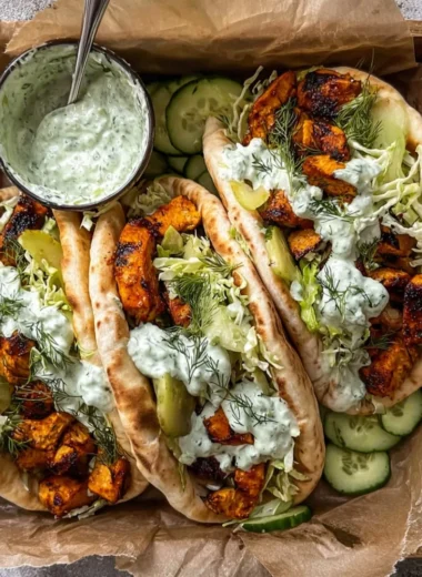 Delicious Sheet Pan Chicken Pitas topped with Herby Ranch dressing