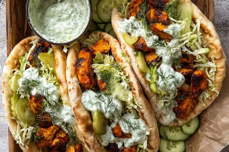 Delicious Sheet Pan Chicken Pitas topped with Herby Ranch dressing