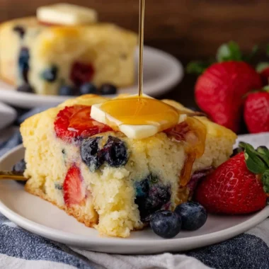 A delicious batch of sheet pan pancakes fresh out of the oven