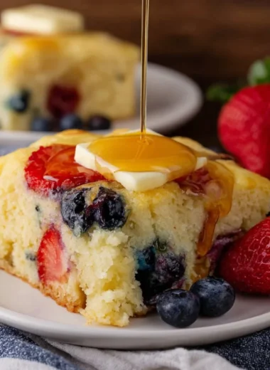 A delicious batch of sheet pan pancakes fresh out of the oven