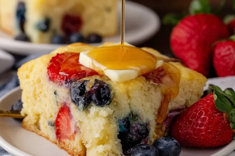 A delicious batch of sheet pan pancakes fresh out of the oven