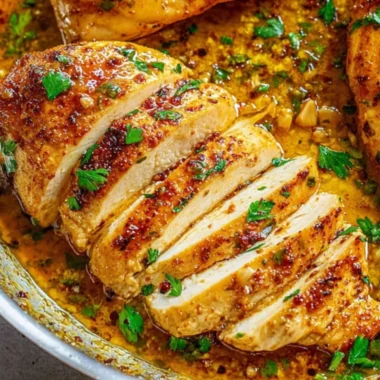 Skillet Garlic Butter Chicken garnished with herbs, served on a plate.