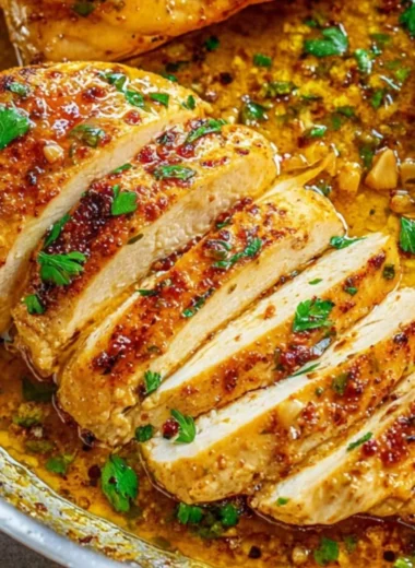 Skillet Garlic Butter Chicken garnished with herbs, served on a plate.