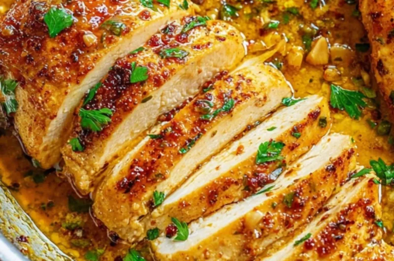 Skillet Garlic Butter Chicken garnished with herbs, served on a plate.