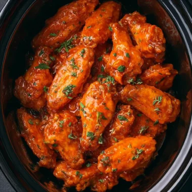 Slow cooker buffalo wings with a spicy sauce served on a platter