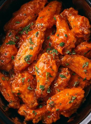 Slow cooker buffalo wings with a spicy sauce served on a platter
