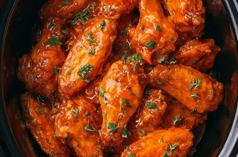 Slow cooker buffalo wings with a spicy sauce served on a platter