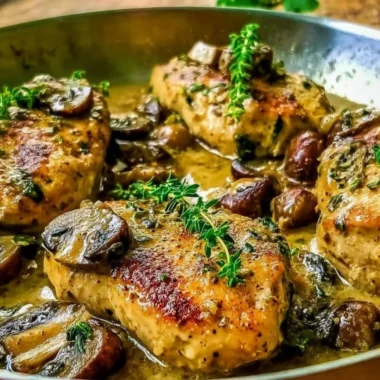 Delicious slow cooker Chicken Marsala served with mushrooms and herbs.