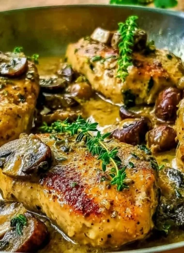 Delicious slow cooker Chicken Marsala served with mushrooms and herbs.