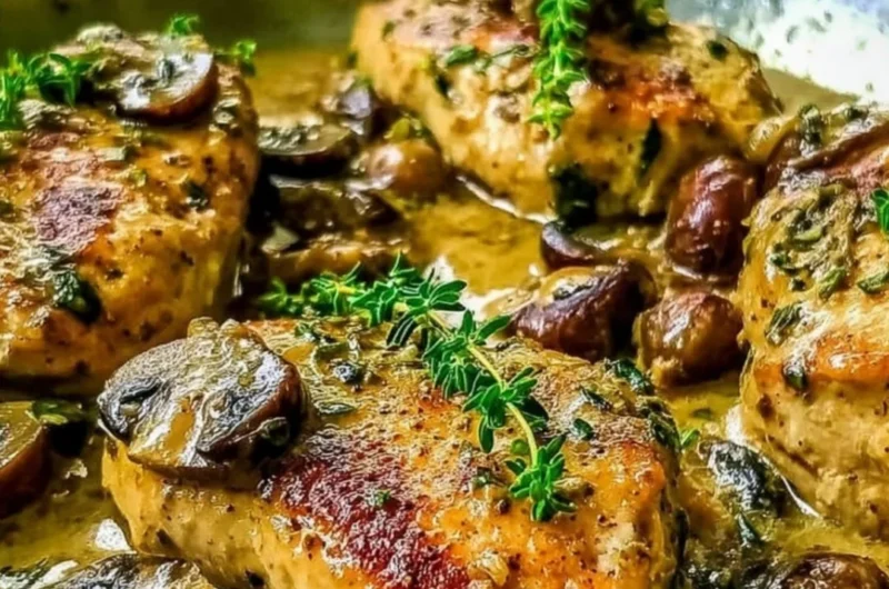 Delicious slow cooker Chicken Marsala served with mushrooms and herbs.