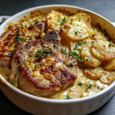 Smothered pork chop served with scalloped potato casserole on a plate