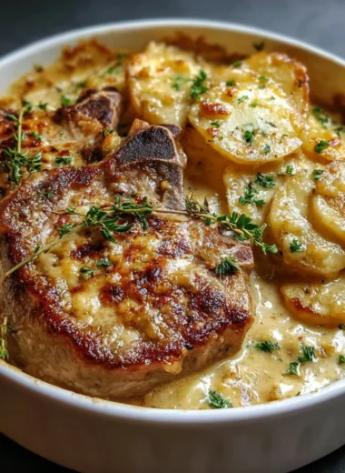 Smothered pork chop served with scalloped potato casserole on a plate