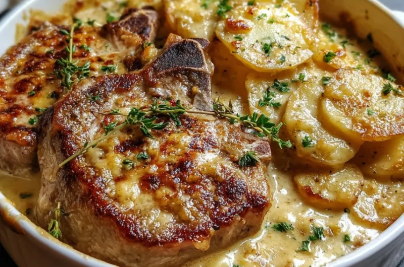 Smothered pork chop served with scalloped potato casserole on a plate