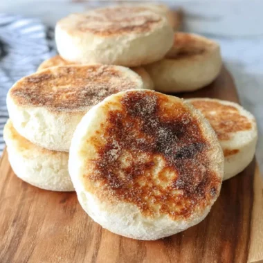 Freshly baked sourdough English muffins stacked on a wooden table.