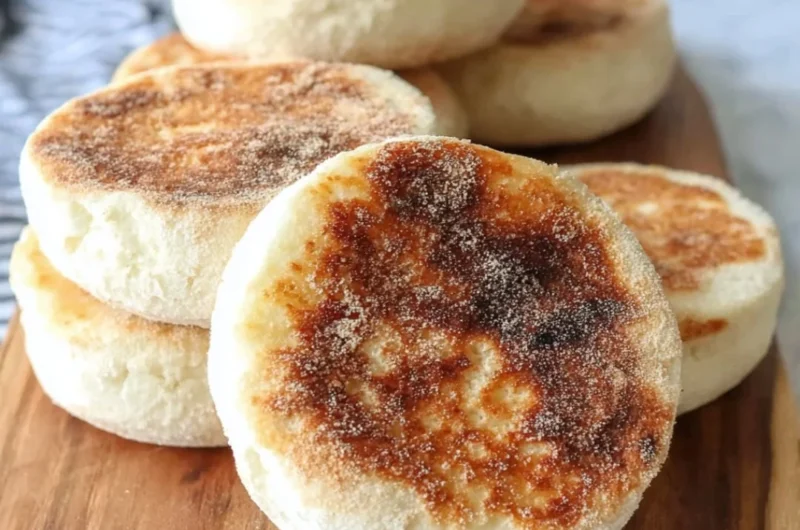 Freshly baked sourdough English muffins stacked on a wooden table.