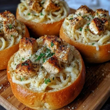 Spaghetti garlic bread bowls filled with pasta and topped with garlic bread