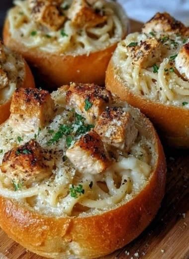 Spaghetti garlic bread bowls filled with pasta and topped with garlic bread