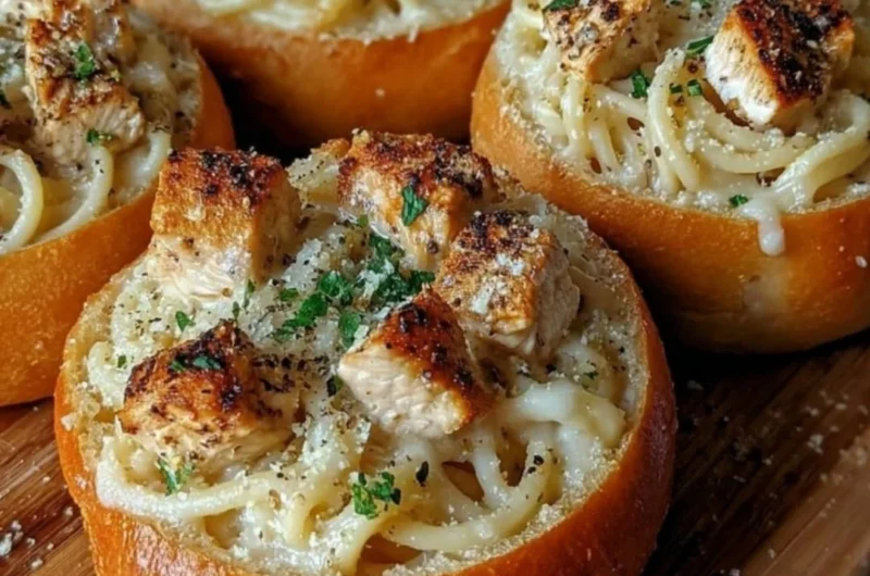 Spaghetti garlic bread bowls filled with pasta and topped with garlic bread
