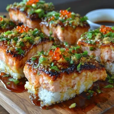 Spicy Salmon Sushi Bake Dish with Fresh Ingredients