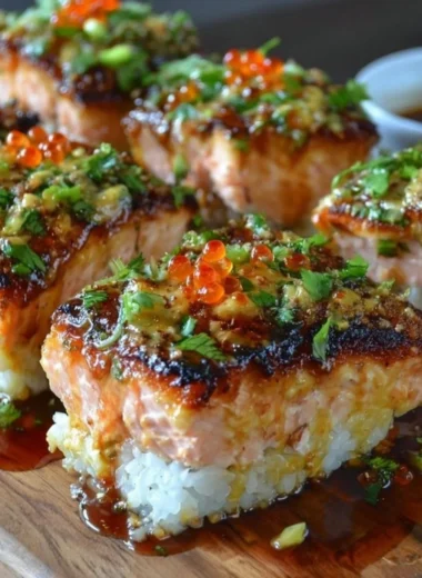 Spicy Salmon Sushi Bake Dish with Fresh Ingredients