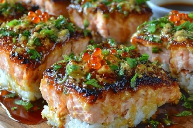 Spicy Salmon Sushi Bake Dish with Fresh Ingredients