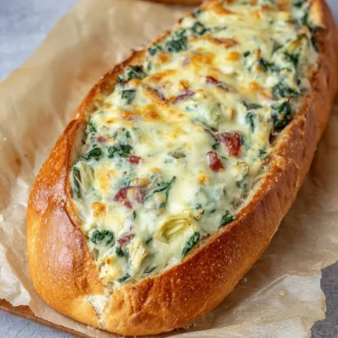 Spinach and Artichoke Stuffed Bread with a golden crust and gooey filling