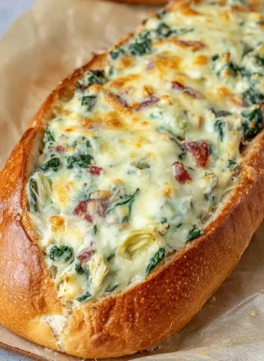 Spinach and Artichoke Stuffed Bread with a golden crust and gooey filling